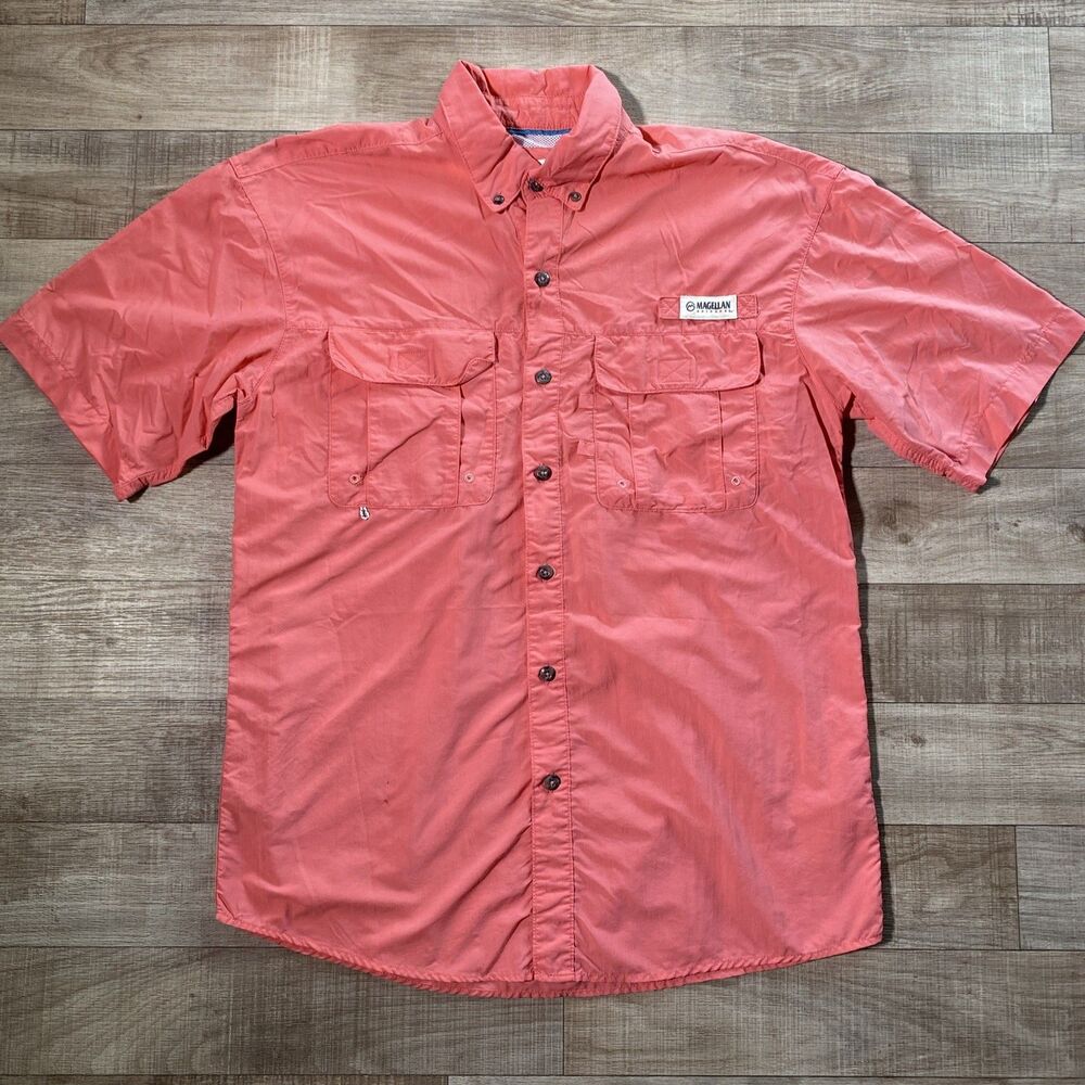 Magellan Fish Gear Men’s Relaxed Fit Button Front Shirt Pink Size S Cotton